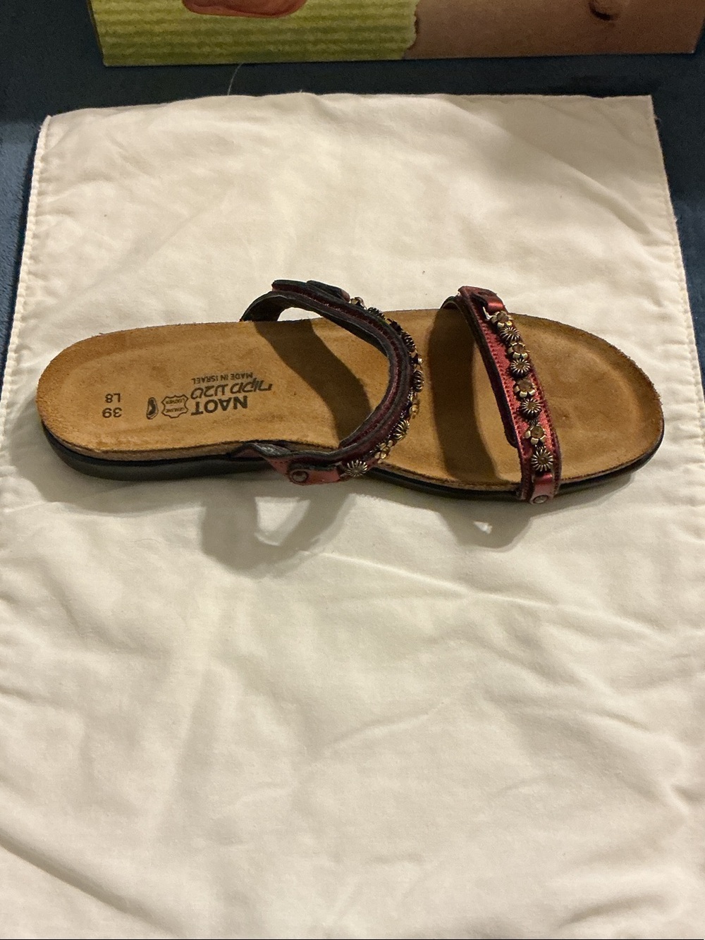 Naot Burgundy Leather Floral-Stud Slide Sandal